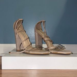 Lace up nude suede heels, never worn, size 11, 4.5 inch heel
